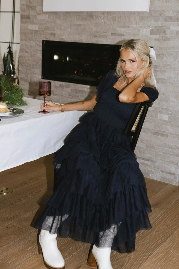 Square neck tulle dress in navy 