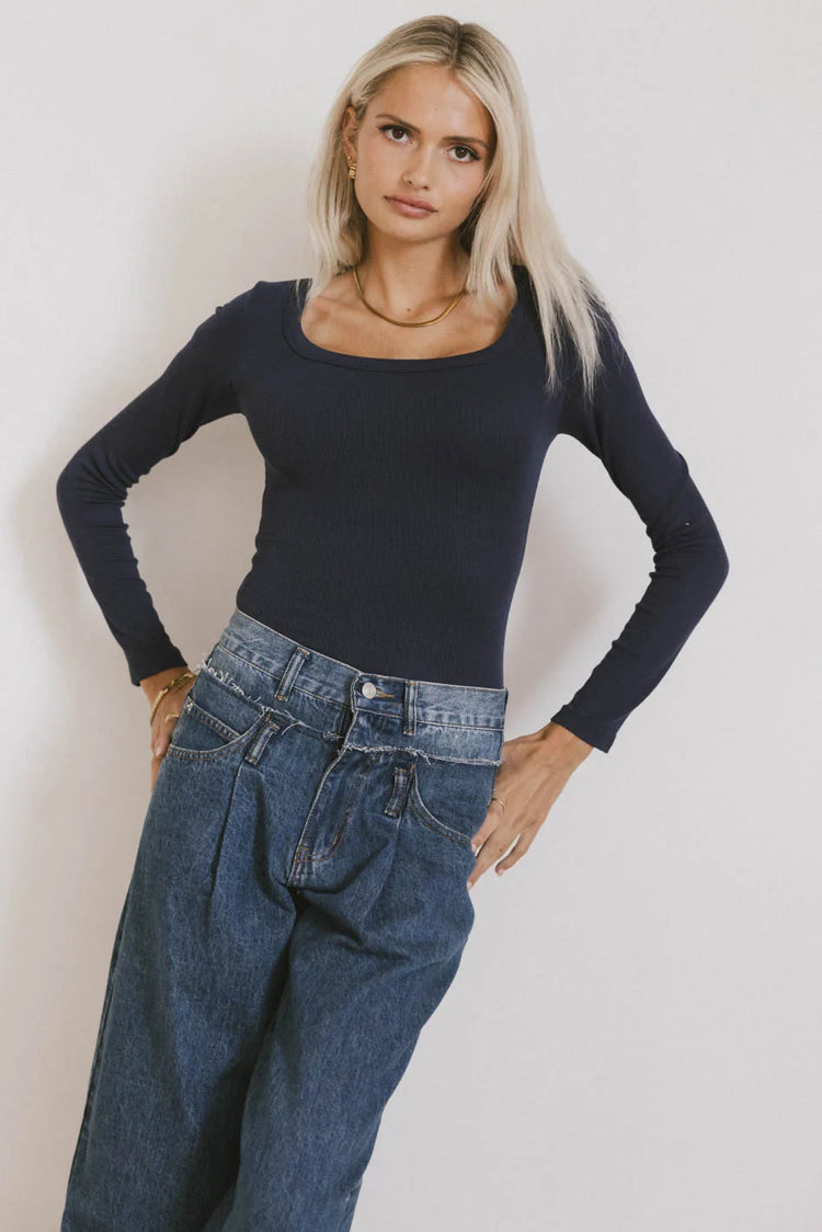 Knit ribbed top in navy