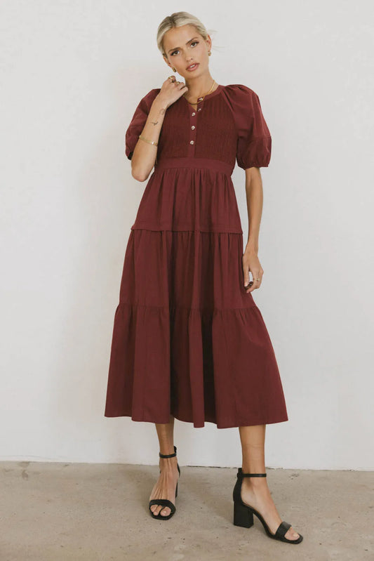 Tiered skirt dress in burgundy 