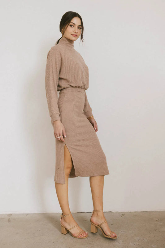 Slit sides midi dress in tan 