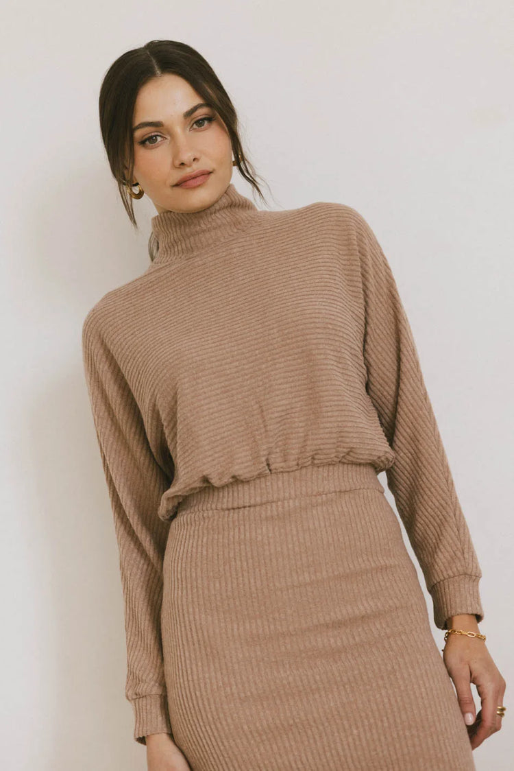 Mock neck dress in tan 