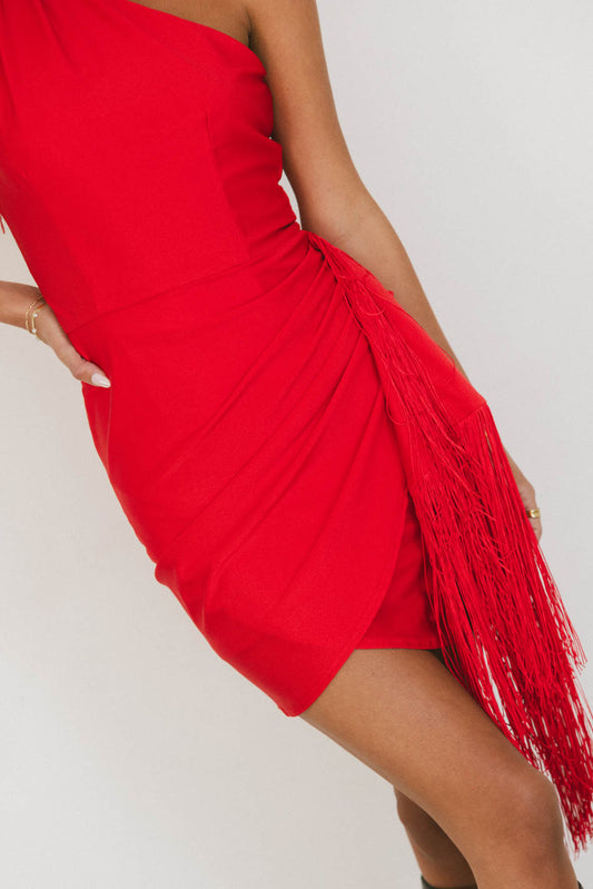 FRINGE MINI DRESS IN RED