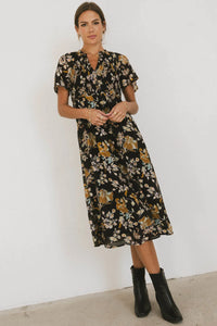 Floral midi dress in black 