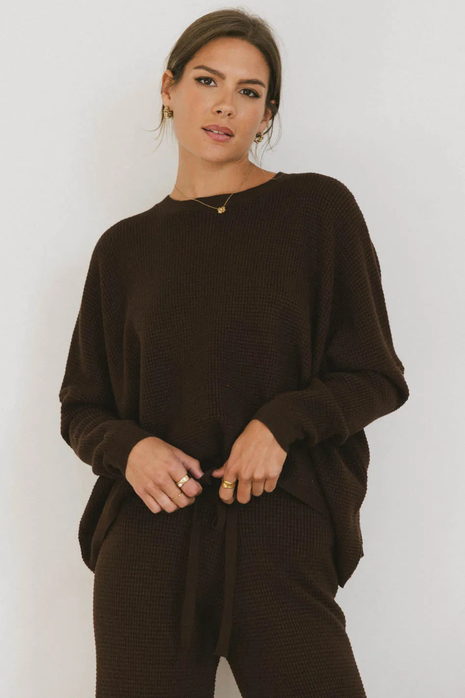 DANI Full Size Waffle Knit Round Neck Sweater in newest Brown