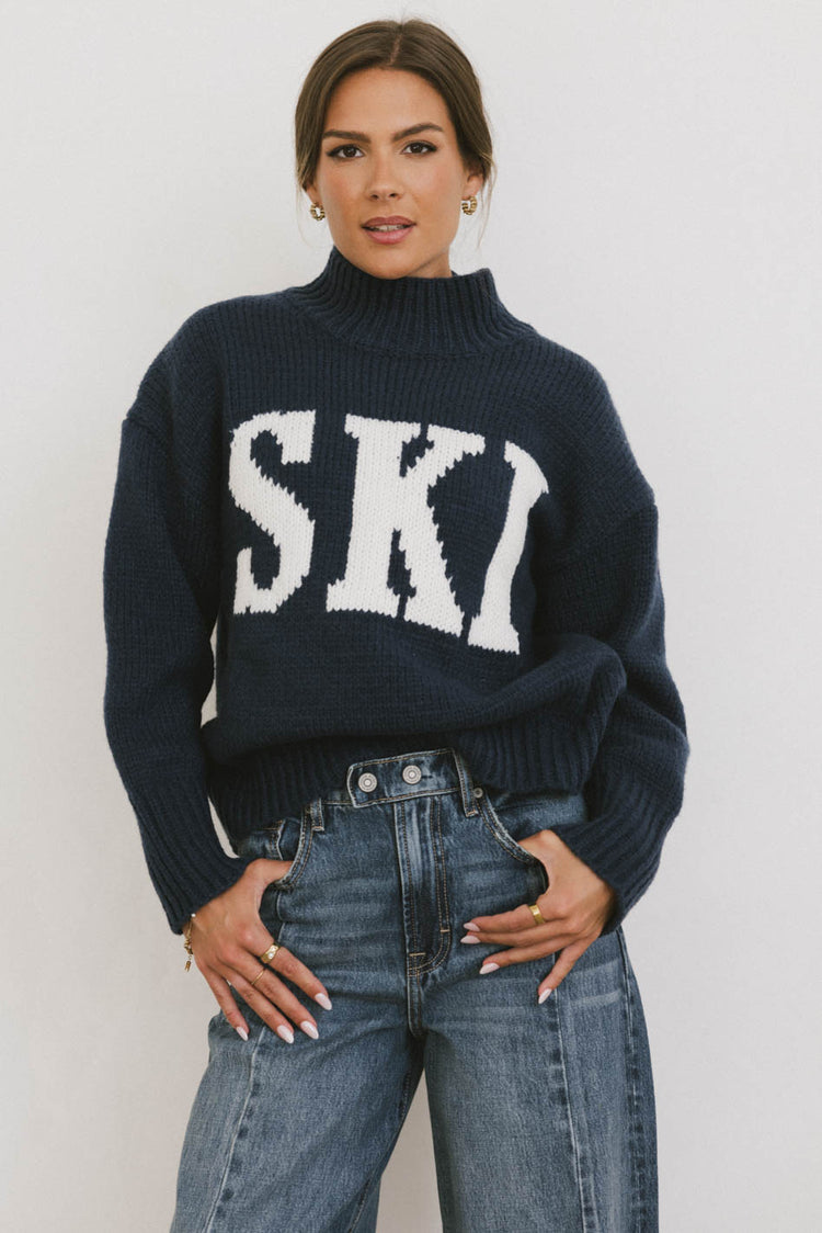 ski ribbed detail knit sweater in navy blue 