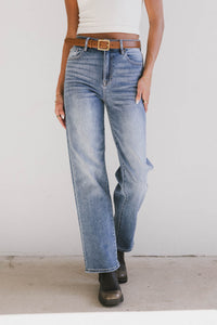 medium wash straight leg pants