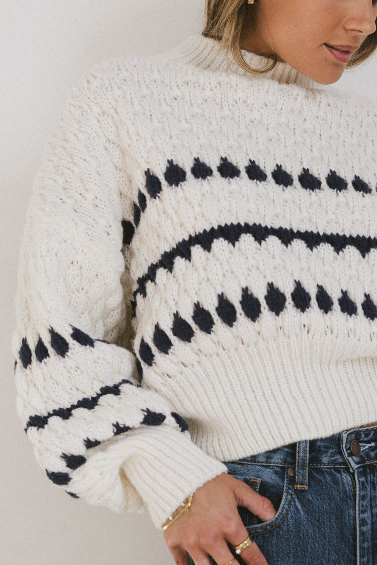 contrast knit sweater in ivory and navy