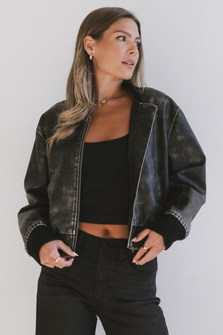 faux leather bomber in black