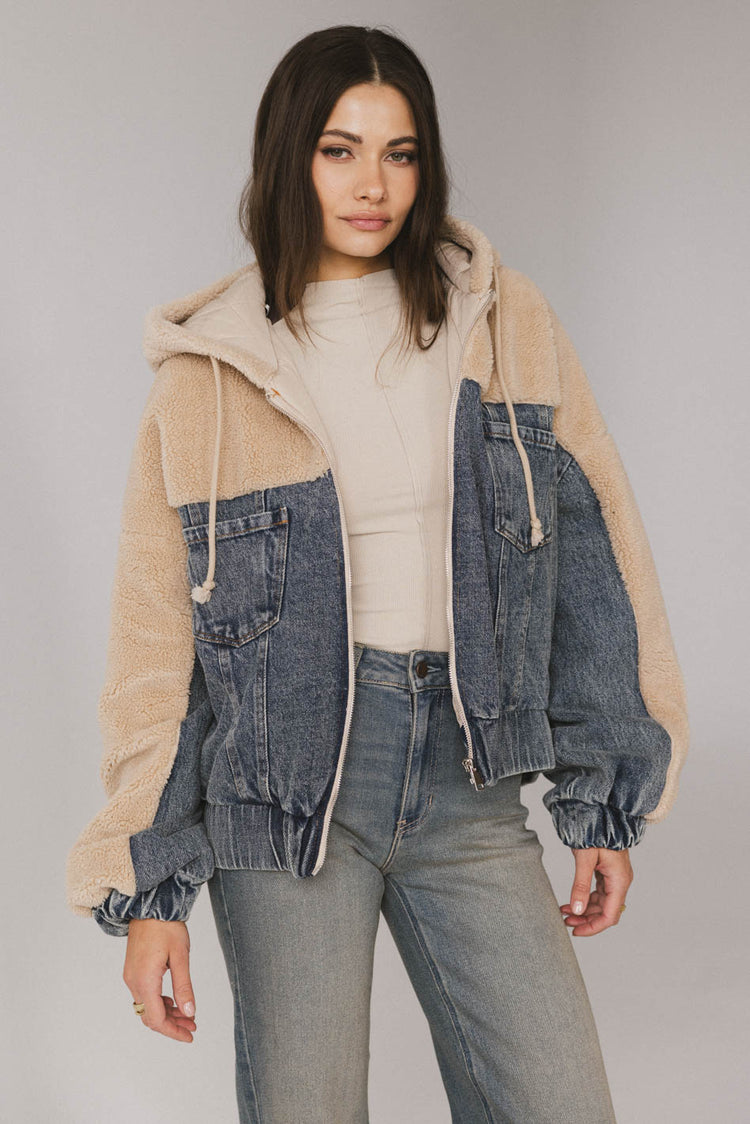 drawstring denim sherpa jacket