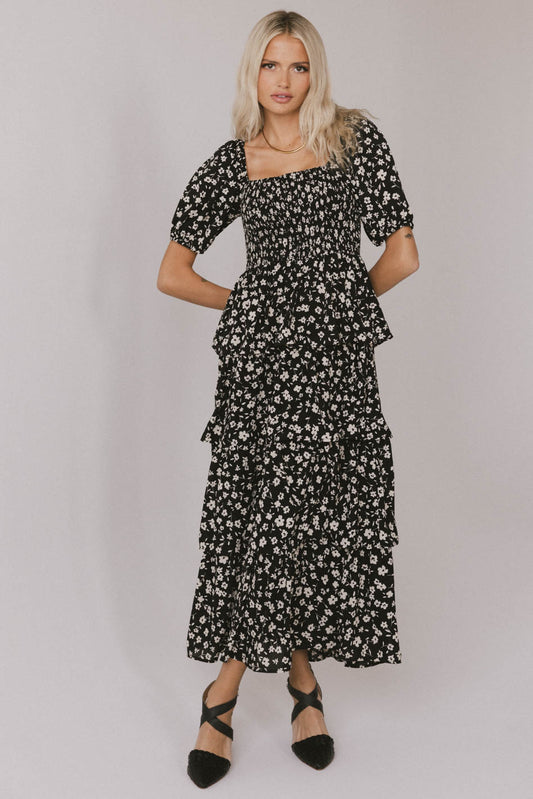 tiered floral print dress in black