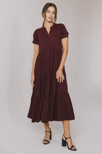 short sleeve burgundy dress