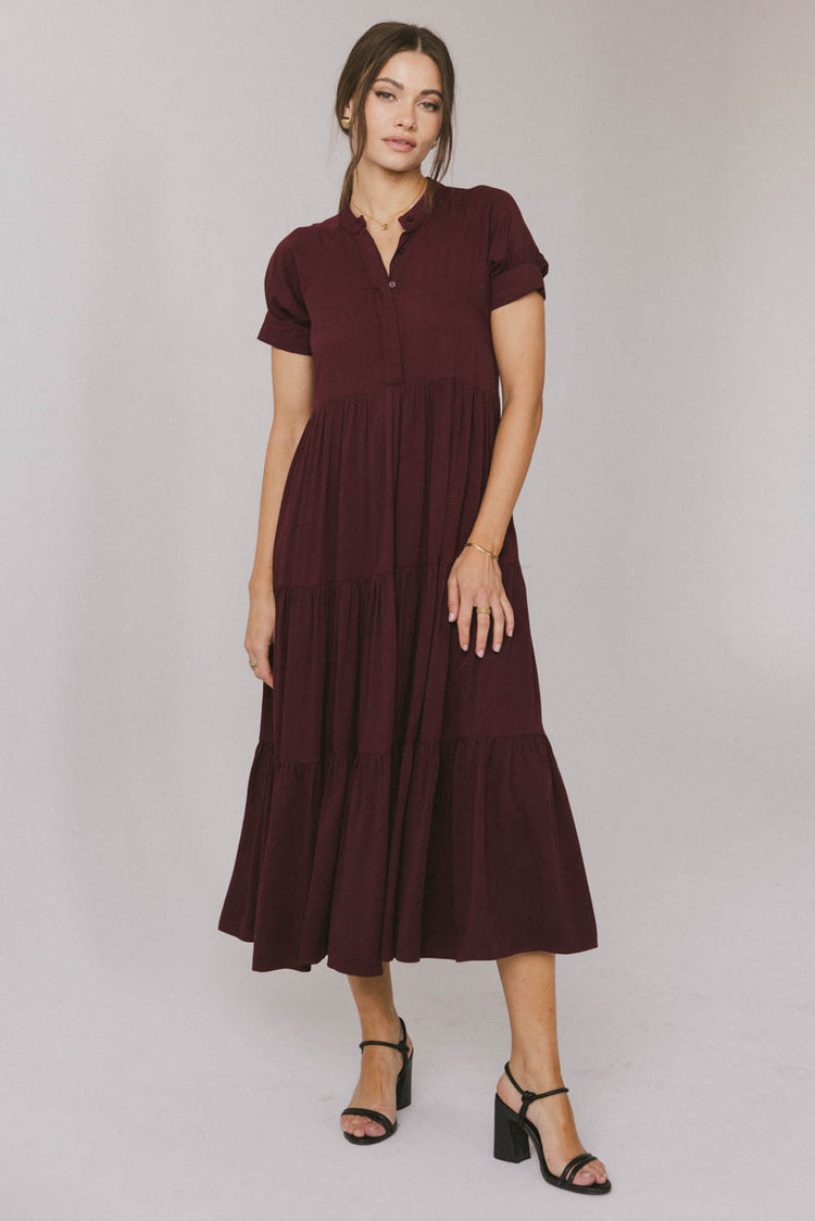 short sleeve burgundy dress