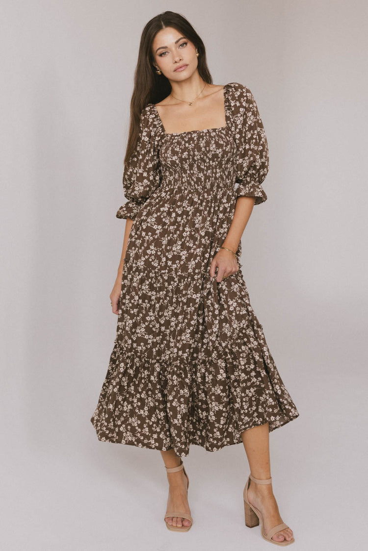 brown floral print midi dress