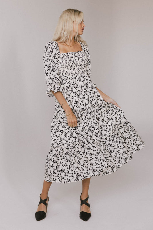 white and black floral print midi dress