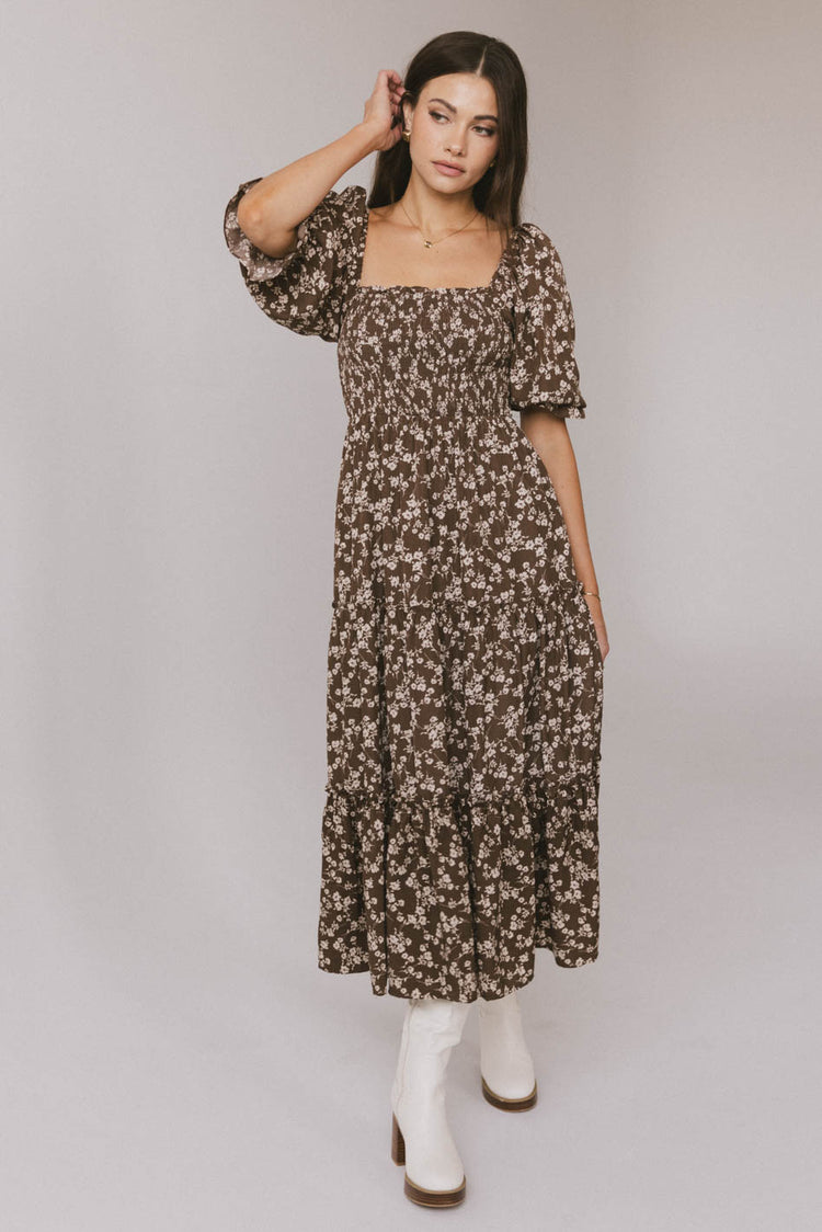 square neck printed dress in brown