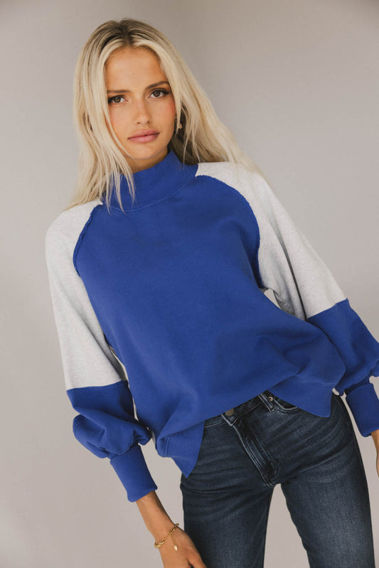 color block sweater in royal blue