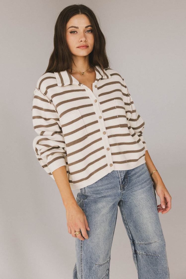 collared striped cardigan in olive