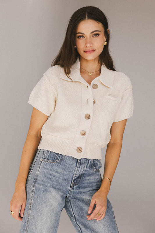 textured button front cardigan with short sleeves