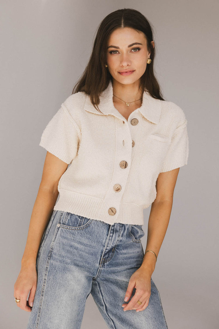 textured button front cardigan with short sleeves