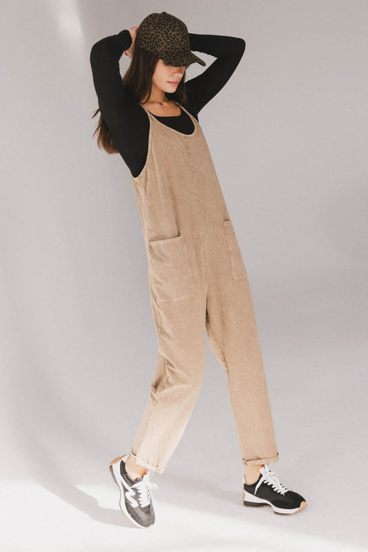 taupe jumpsuit with front pockets