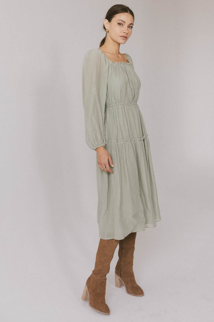 sage midi dress with long sleeves