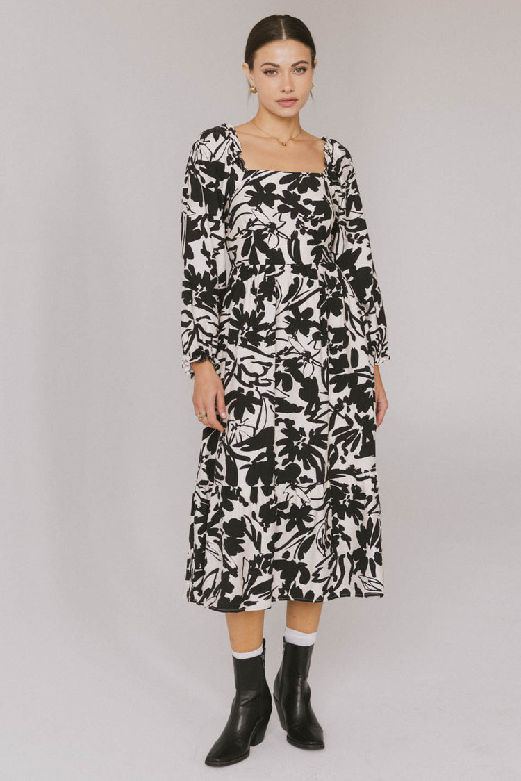 long sleeve midi dress in black and white