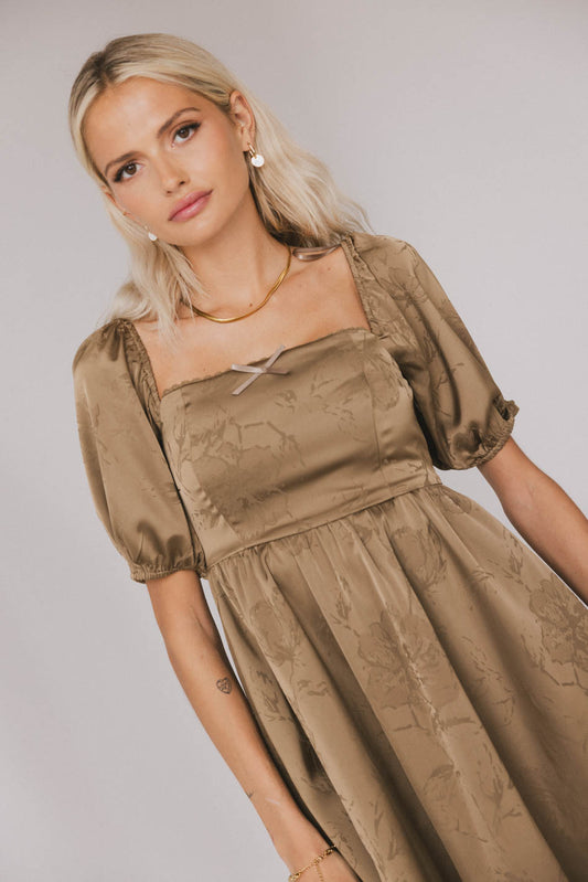 OLIVE SATIN DRESS WITH BOW TIE