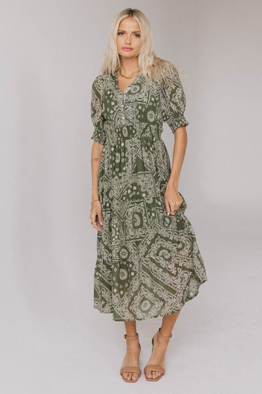 olive short sleeve printed midi dress