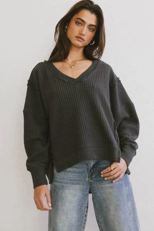 Ellis Waffle Knit Top in Charcoal