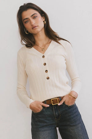 Ribbed Button Front Top in Ivory - FINAL SALE