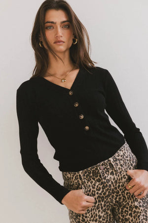 Ribbed Button Front Top in Black