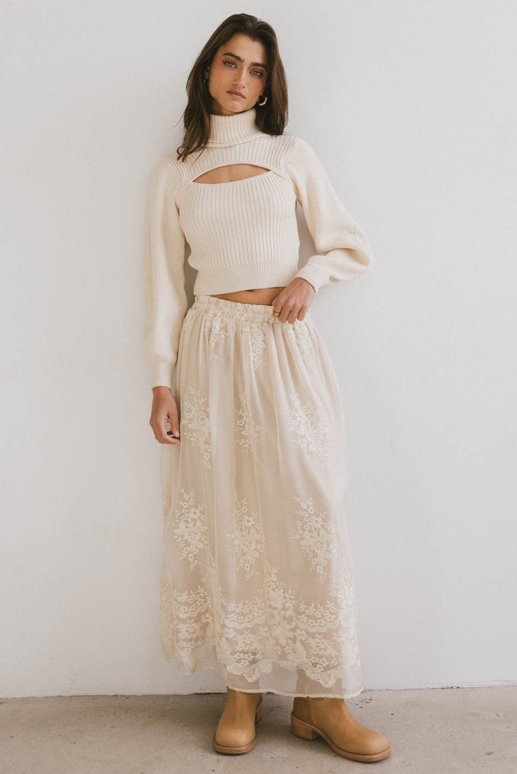 midi skirt in cream with embroidery