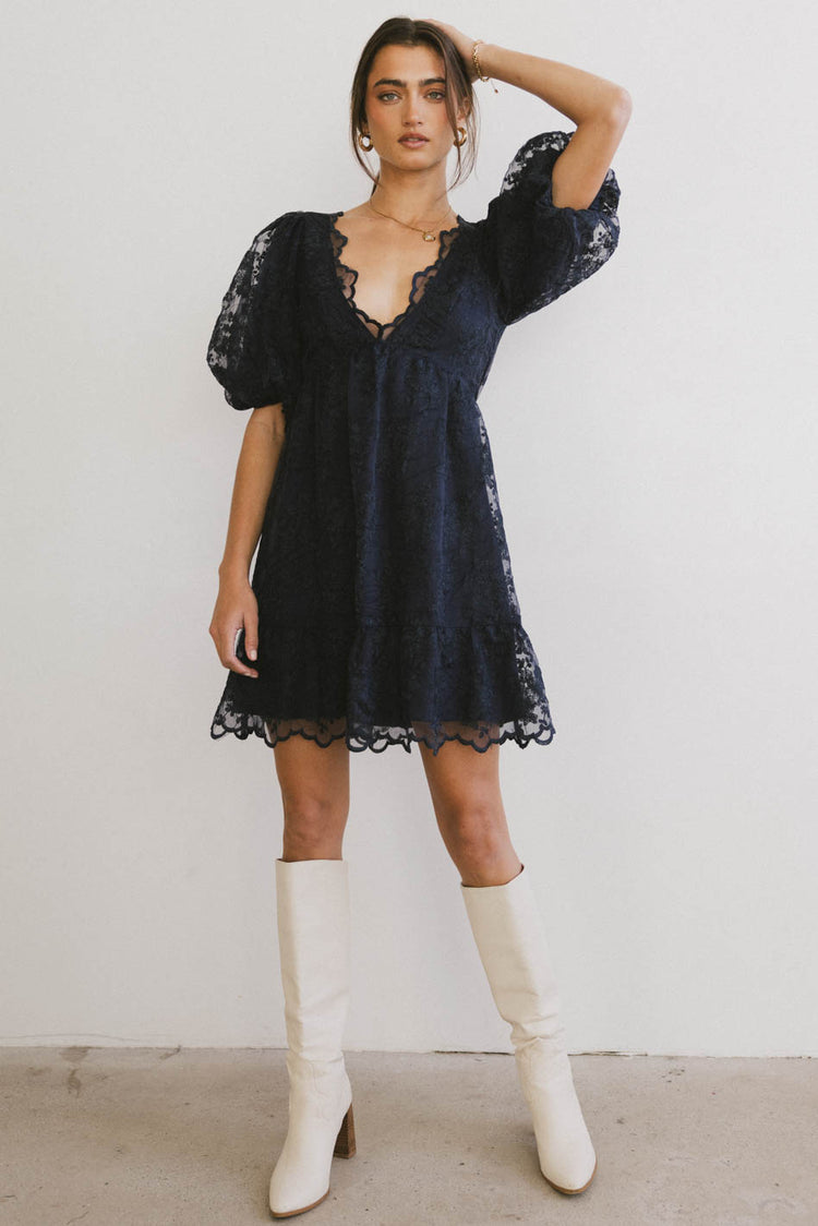 puff sleeve navy dress