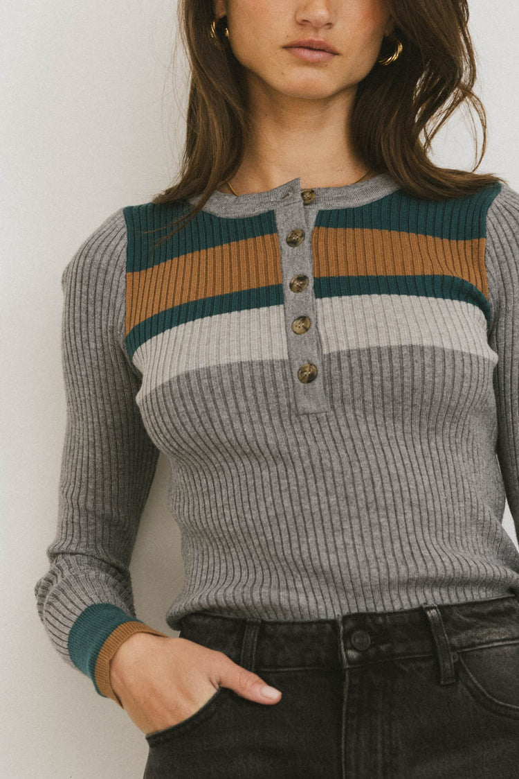 BUTTON DETAIL RIBBED LONG SLEEVE TOP