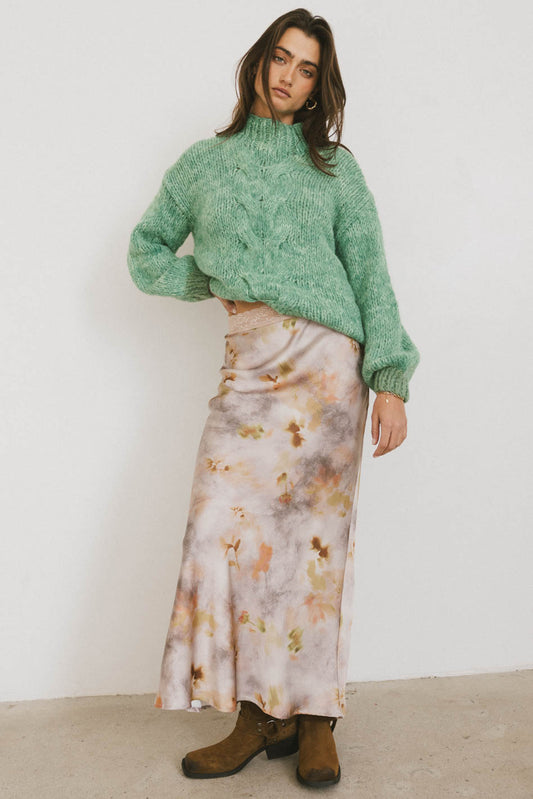 satin floral print skirt with green sweater