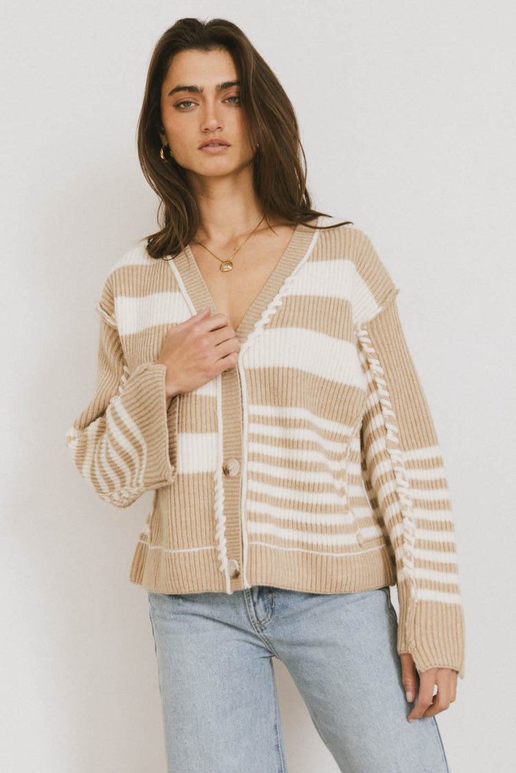 taupe button front cardigan with stripes