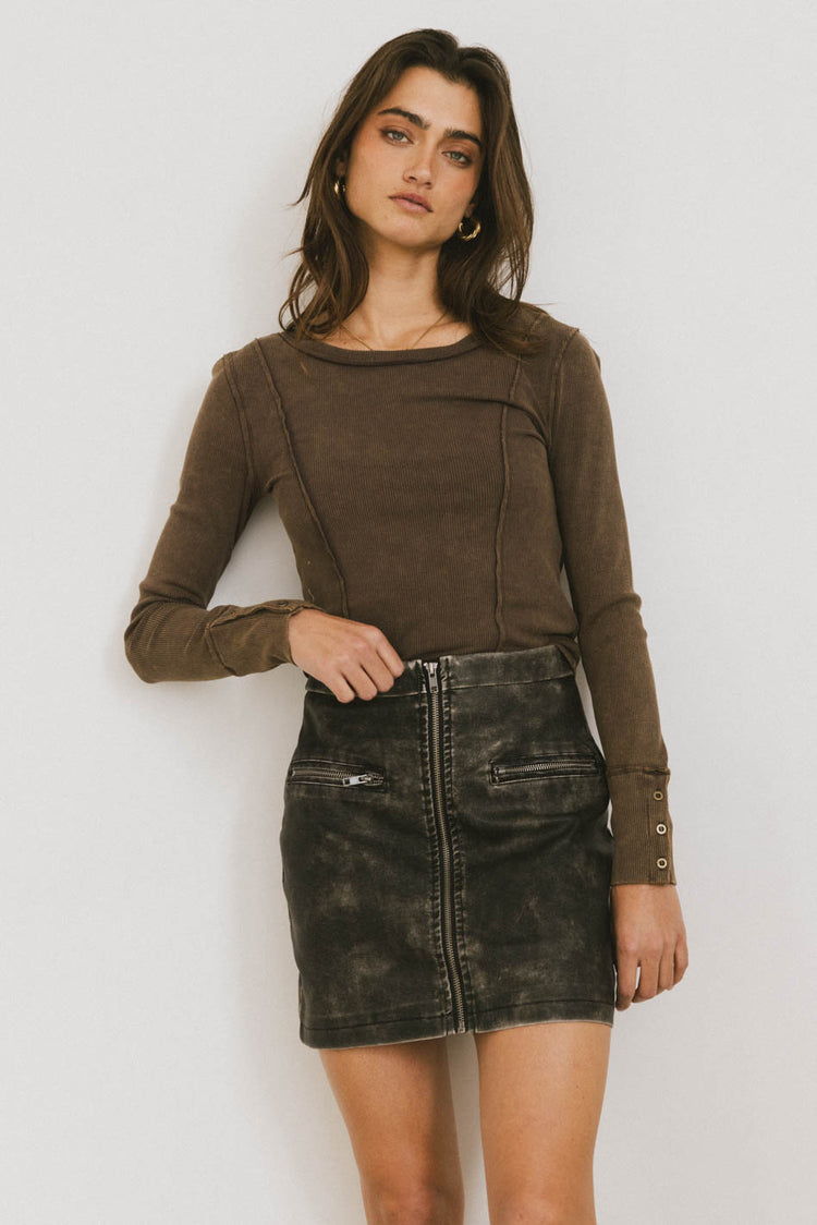 washed black vegan leather mini skirt