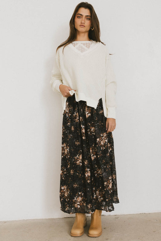 BLACK floral print skirt with white sweater