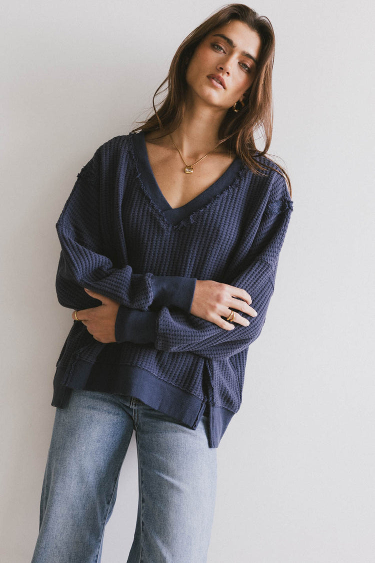 Ellis Waffle Knit Top in Navy