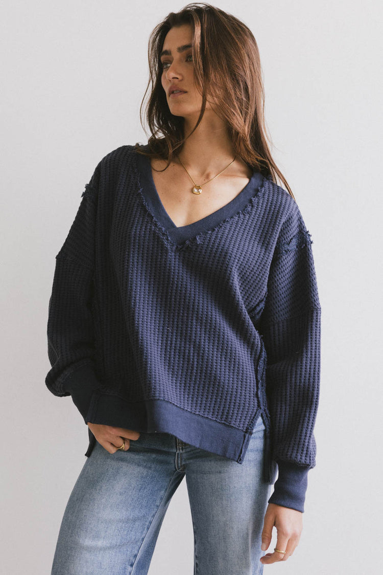 waffle detail knit sweater in navy