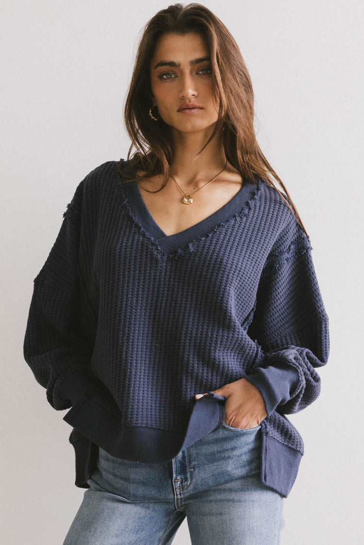 blue knit detail sweater