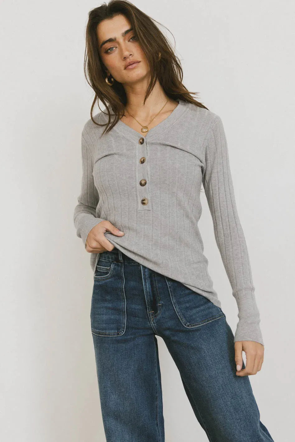 Ribbed Button Front Top In Grey 