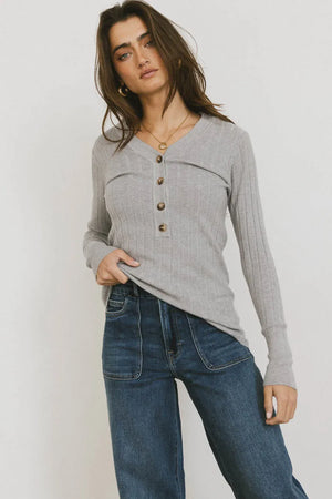 Ribbed Button Front Top in Grey