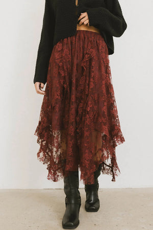 Elsie Lace Midi Skirt in Red-Brown