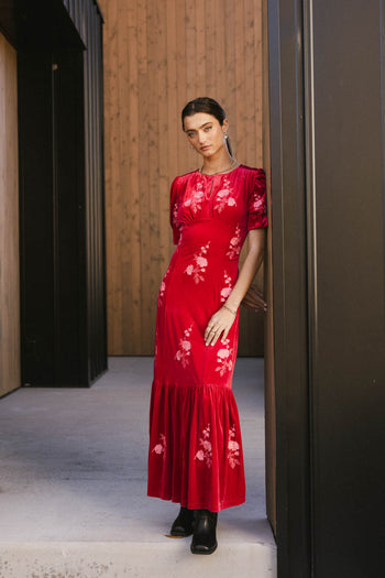 velvet maxi dress in red