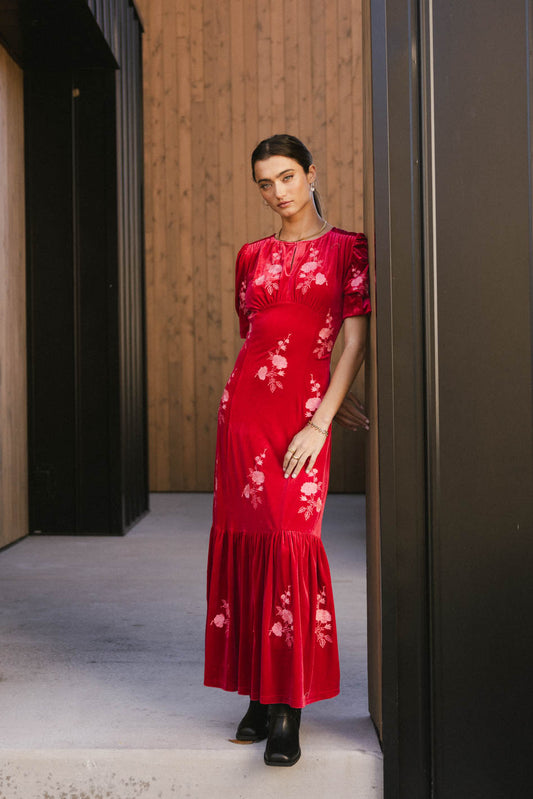 velvet maxi dress in red