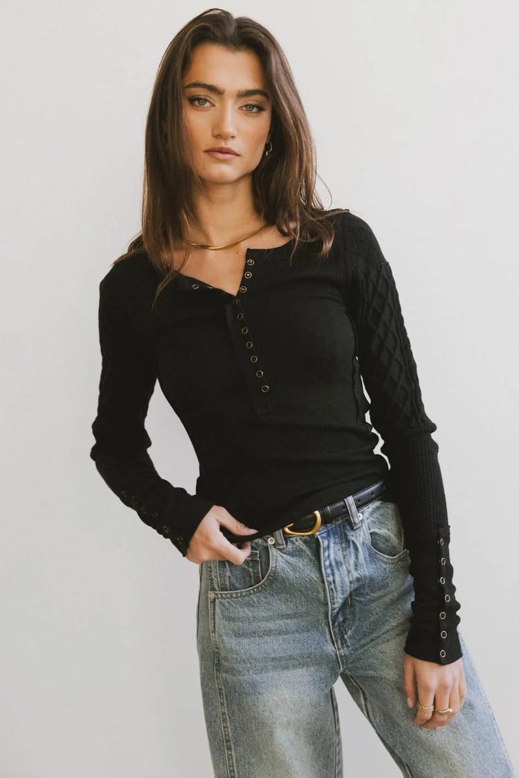 Naomi Cable Knit Sleeve Top in Black