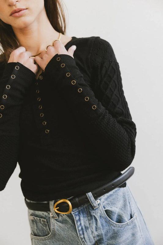 Button detailed cuff sleeves top in black 