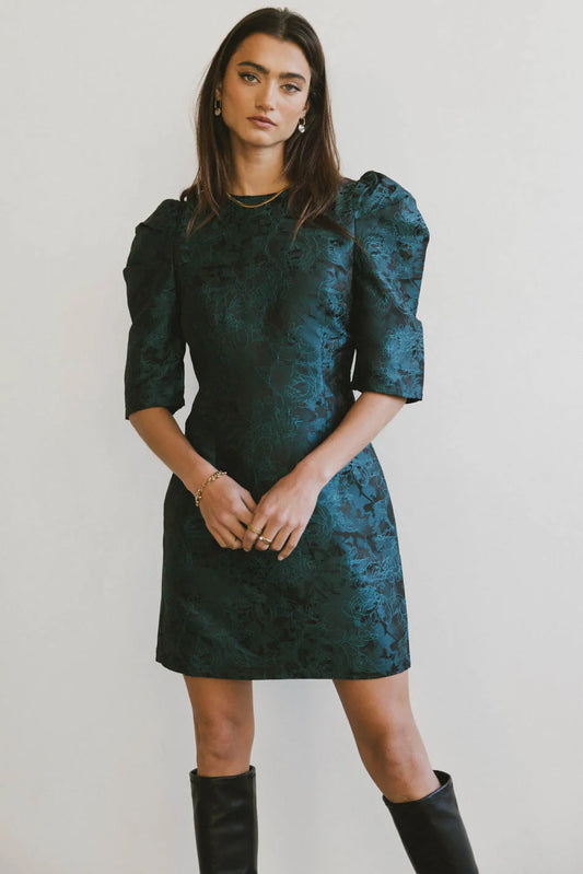 Puff sleeves dress in hunter green 