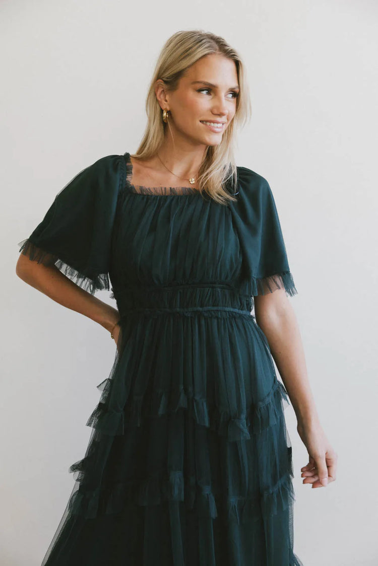 Tiered skirt dress in hunter green 